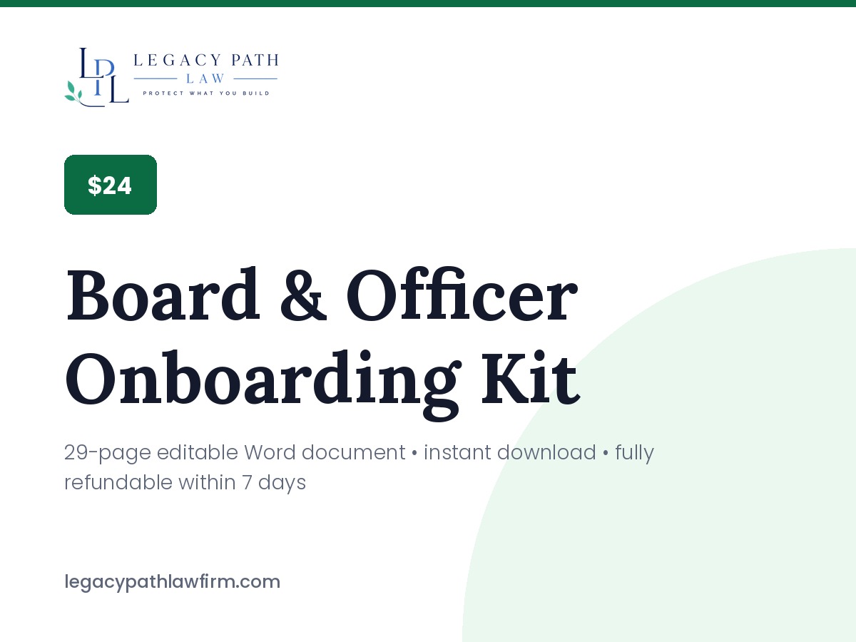 Board & Officer Onboarding Kit &mdash; 29-page editable Word document · instant download · fully refundable within 7 days