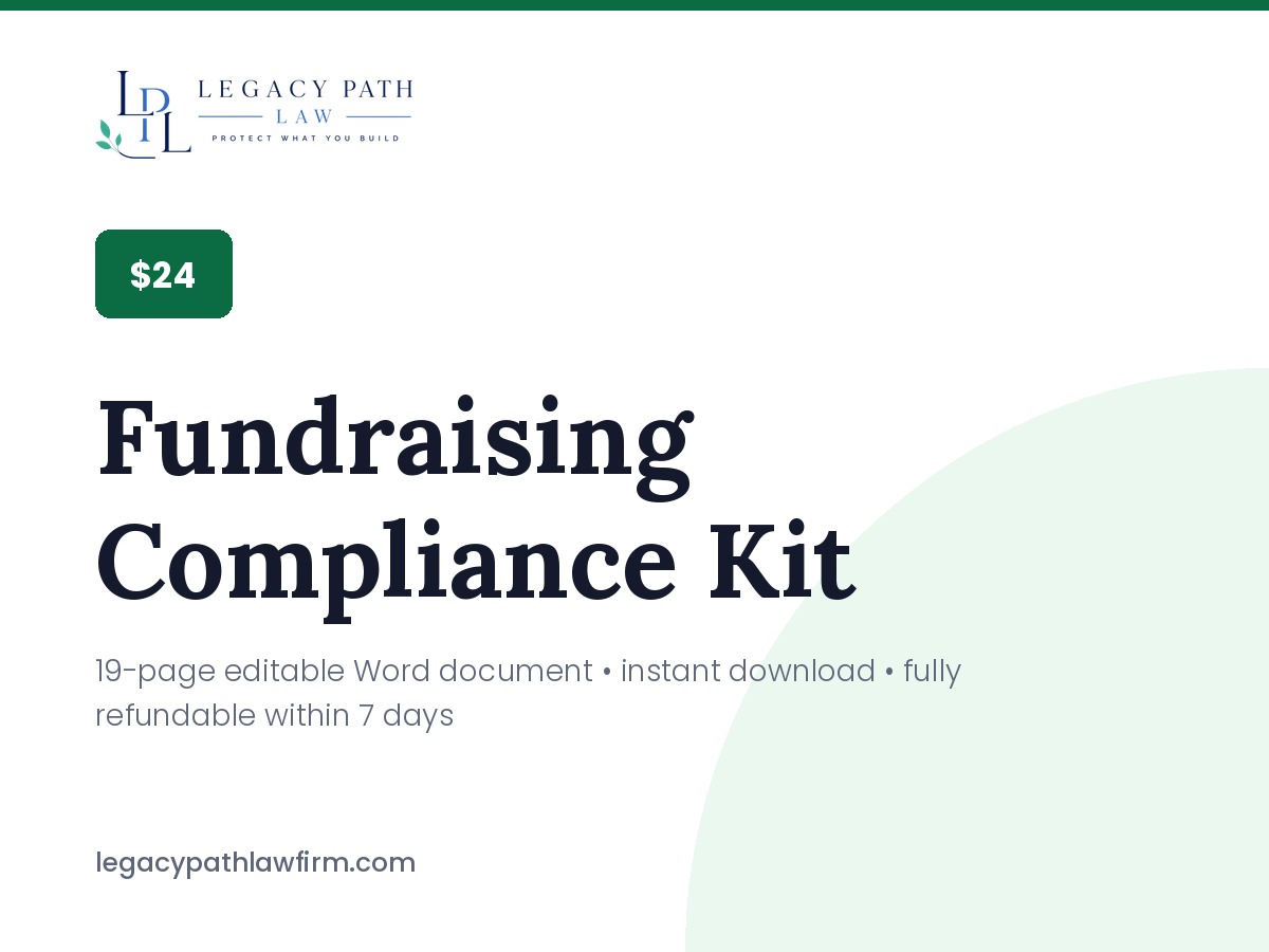 Fundraising Compliance Kit &mdash; 19-page editable Word document · instant download · fully refundable within 7 days